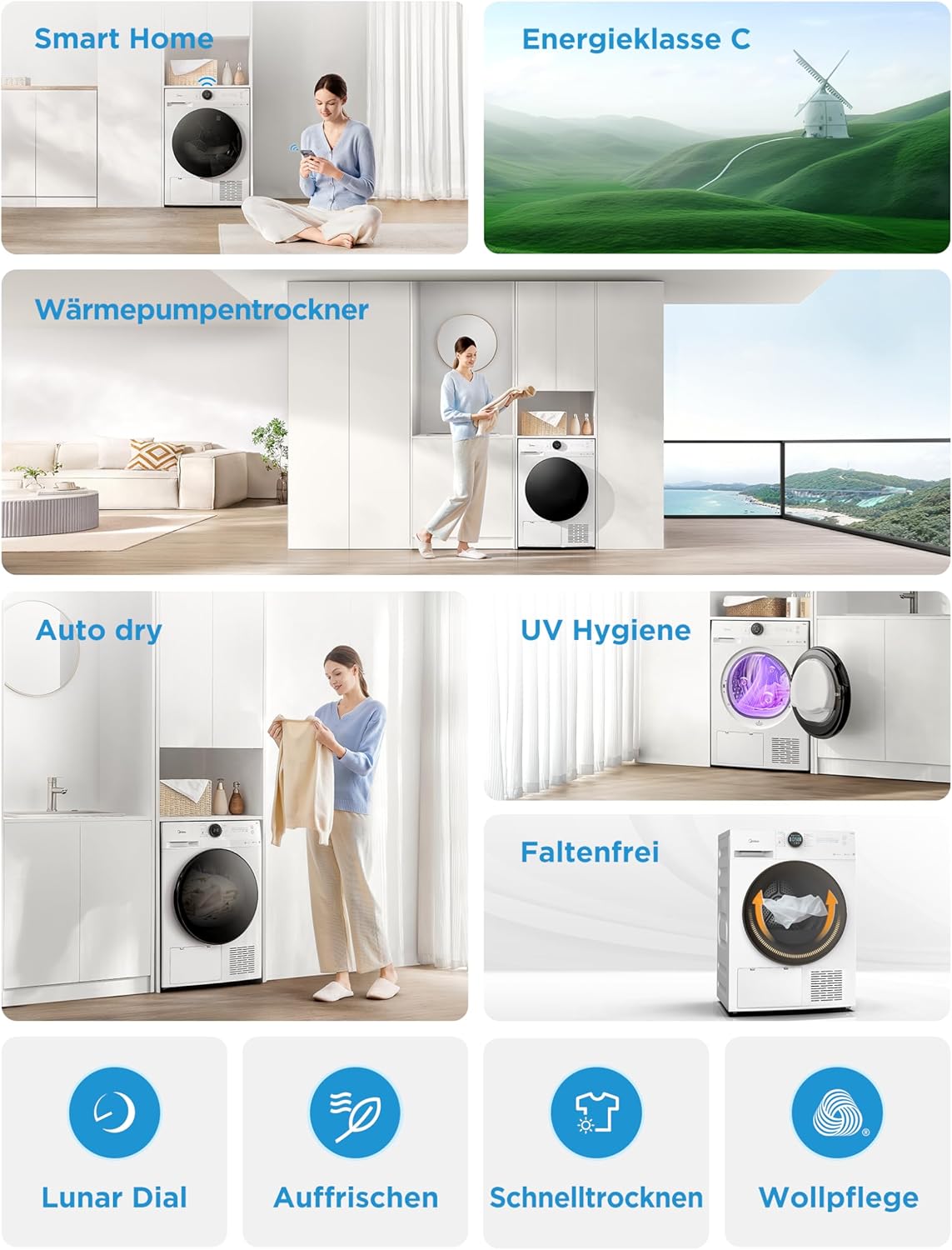 Midea Wärmepumpentrockner 8 kg Energieeffizienzklasse C Fernsteuerung MD20EH80WB-A3