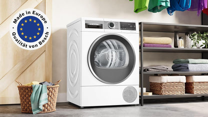 Bosch WQG235D00, Stiftung Warentest GUT (2,2)*, Serie 6, Wärmepumpentrockner 8 kg, Schneller getrocknete Wäsche, Auto Dry, Option Halbe Beladung, Sensitive Drying-System, Selbstreinigender Kondensator
